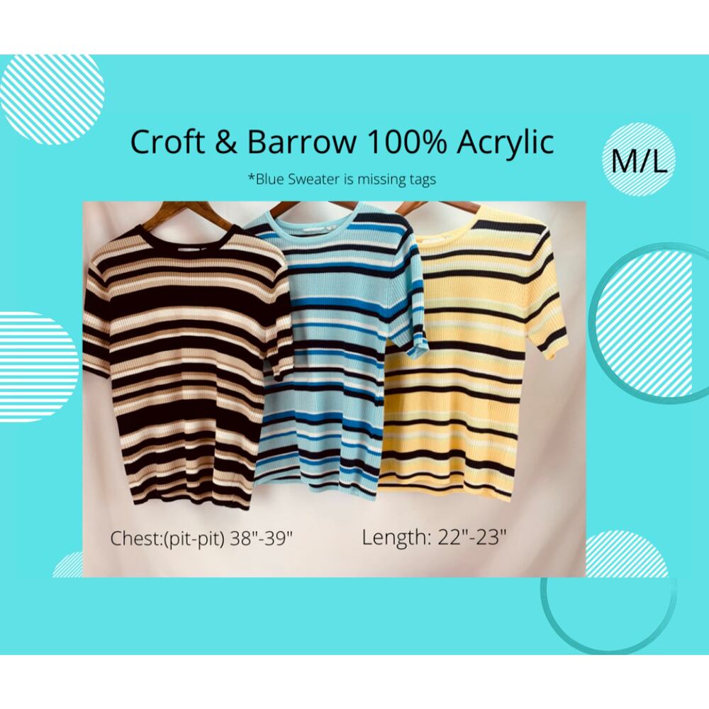 Lot of 3 Croft & Barrow Women’s M/L Short Sleeve Striped Sweaters Mixed Colors